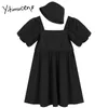 Yitimuceng Folds Söt klänning för kvinnor Mini Solid Spring Puff Sleeve Square Collar Kortärmad Loose Waist Office Lady 210601