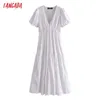 Tangada летние женщины белые вышивка романтические хлопчатобумажные длинные платья V шеи с короткими рукавами женские сарафрансы 3H09 210609