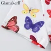 Glamaker Butterfly Print Top corto sexy T-shirt bianca donna Summer Streetwear O Collo Manica corta Stretch Tee Top feminina 210412