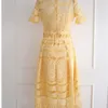 Vestidos De Verano Mujer Women's Korean Temperament Lace Openwork Waist Large Swing Light Yellow Dress Sukienka Letnia 210514