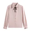 Spring Bow Shirt Blouse Casual Sweet Embroidery Peter Pan Collar Chiffon Skjortor Långärmad knappar upp Kvinnor Toppar Blusa 210416