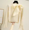 Flare Sleeve elegancki sweter duży kołnierz z kokardą kobiety koreański styl dzianinowe damskie swetry Tees jeden rozmiar pas topy