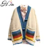 H.SA femmes tricot Cardigans col en V pulls colorés rayé Patchwork tricots pulls amples boutonné pull manteau 210417