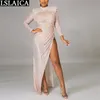 Fashion Sequin Dress Solid Color Backless for Women Floor-Length Formal Party Sexy Thigh Slit Long-sleeved 210515
