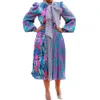 Kvinnor tryckta klänning stor bowtie krage blommiga långa ärmar pläterade en linje plus storlek elegant kvinnligt kontor stiligt afrikansk mode 210416