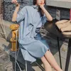 Senhoras Verão Midi Camisa Vestido Feminino Casual Manga Curta Mulheres Azul Loose Office ES Plus Size M-4XL 210601
