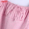 Tangada Summer Women Pink Plaid Beach Dress Square Neck Short Sleeve Ladies Mini Dress Vestidos BE600 210609