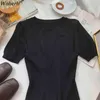 Базовая футболка летом футболка женщин вязаный с коротким рукавом поддельные две части Patch Tee Elasticity o шеи женские топ футболки 210422