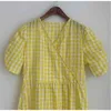 Summer Women Long Plaid Loose Dress Short Sleeve V-neck Flounced Edge es Korean Casual Robe Femme 210513