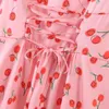 Kirschdruck-Satinkleid, Sommer, Schnürung, Vintage-Maxi-Rosa-Kleid, langes Damen-elegantes A-Linien-Retro-Fruchtdruck-Kleid 210415