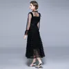 Vår Mode Kvinnor Flared Ärmar Svart Långa Klänningar Robe Lace Hollow Out Vintage Elegant Dress Vestidos 210520