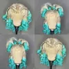 2021 mode 360 Frontal Kurze Wellenförmige Perücken Blonde Ombre Grün Farbe Brasilianische Haar Synthetische Spitze Front Perücke Für Frauen Cosplay