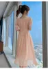 Summer Elegant Plaid Chiffon Midi Dress French Style Fashion Square Collar Puff Sleeve High Waist Slim Dress Robe Vestido 210518