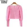 TRAF Women Sweet Fashion With Lace Plaid Cropped Blouses Vintage Square Collar Long Sleeve Female Shirts Chic Tops 210415