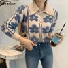 Chic Button 3d Flower Print Pullover Fashion Sweet Turn-down Collar Cappotto lavorato a maglia Autunno Inverno Paneled Women Maglione 210422