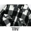 TRAF Giacca scozzese oversize moda donna Cappotto vintage Tasche a maniche lunghe Capispalla femminile Chic Top 211014