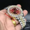 Högkvalitativ 43mm Prong Set Bezel Big Diamonds Automatic Man Watch, Luxury Rostfritt Stål Guld Shell Claw Diamond Mäns Klockor Två Färg Band Röd Ring (Ingen Box)