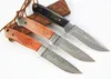 Promotion Damascuss Survival Rak Jaktkniv VG10 Damascus Steel Drop Point Blades Kohorn Handtag Fasta Bladknivar Med Läderslida