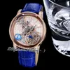 Astronomia Tourbillon Baguette Quartz Swiss Mens Watch Watch Arey Case pav￩e Diamants Squelette 3D Globe Rotation Cad￨re Blue en cuir Bleu Puretime 2022 JVO-05A1