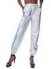 Fashion Women Metallic Shiny Jogger Pants High Waist Holographic Color Trouser Party Club Streetwear Clothing Women's & Capris