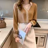 Spring V-Neck Long Sleeve Solid Tops Chic Hollow Embroidery Splicing Blouse Women Plus Size Satin Silk Shirt Ladies 13094 210521