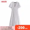 Tangada Sommer Frauen Weiße Stickerei Romantische Baumwolle Langes Kleid V-ausschnitt Kurzarm Damen Sommerkleid 3H09 210609
