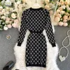 women elegant geometric pattern knit dress fashion autumn long sleeve buttons slim pencil vintage work es 210603