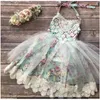 Retail little toddler baby girls floral pattern cotton dress with tulle children lace hemming straps for kids 0-6Y 210529