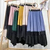 Mode printemps midi longue jupe pour femmes dentelle couture plissée Patchwork taille haute drapé grande a-ligne dame 210420