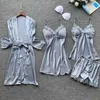 Pajama set for women luxury satin sleepwear embroidery flowers home wear 4 pieces pyjamas vest+coat+shorts silk nightwear 210708