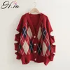 H.SA Dames Argyle Cardigans V-hals Gebroken gat Breien Lange Sweater Jas Koreaanse Mode Oversized Knit Slanke Sweaters 210417