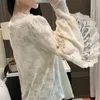 Primavera Crochet Lace Blouse Mulheres Casuais Chic Floral Senhoras Escritório Camisa Tops Branco Apricot Manga Longa Blusas 13025 210521