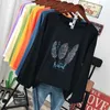 DONAMOL Plus Size Spring fashion Casual women Long sleeve T-shirt loose 100% cotton Soft Pullover Harajuku Feather print Tops 210623