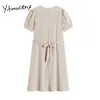 Yitimuceng nep 2 stuks jurken vrouwen zomer bandage rits high taille puff sleeve a-lijn Koreaanse mode elegante jurk 210601