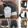 Mens Gym Sports Shorts Jogging Running Andningsbar Fitness Motion Dubbelskiktskjorta Hidden-Pocket Casual Shorts X0705