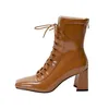 High Heel Short Boots Women Shoes Zip Cross Tied Mid-Calf Square Toe Block Heels Lady Autumn Black Brown 40 210517