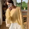 Woherb Chic Mohair Thin Hollow Out Top Capes Pullover Vintage Sommar Jumper Femme Koreansk Crop Knitwear 211011