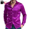 Moda brilhante cetim estilo britânico vestido camisa de seda luxo como manga longa mens casual camisa performance roupas desgaste masculino 210518