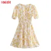 Summer Women Yellow Print V Neck Short Sleeve Ladies Mini Dress Vestidos 3R16 210416