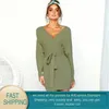 Herbst-Winter-Kleid, kurz, sexy, V-Ausschnitt, Fledermausärmel, warm, offener Rücken, knielang, Damenkollektion 210428