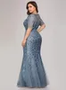 Plus size pailletten mesh zeemeermin slanke avondjurk kralen bladeren patroon formele vrouwen elegant feest prom jurken korte mouw