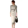 autumn solid color slim bottom long sleeve dress Office Lady Sheath Knee-Length O-Neck Polyester 210416