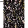 Abito vintage con stampa floreale multicolore da donna o collo manica lunga elastico in vita a-line midi casual estivo vestido 210514