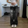 Kadın Kot Kalp Baskı Mavi Düz İlkbahar Sonbahar Kadınlar Seksi Düşük Bel Baggy Geniş Bacak Y2K Moda Pileli Siyah Denim Pantolon