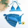 Mossa Sexig Tie Dye Bikini 2021 Halter Push Up Badkläder Kvinnor 3-Piece Mesh Kjol Baddräkt String Badkläder Triangel Swimming X0522