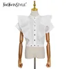 Kadınlar için ince patchwork fırfır gömlek standı yaka kısa kollu rahat beyaz bluz kadın moda giyim 210524