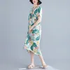 Johnature Yaz Kore Retro Baskı V Yaka Cepler Kısa Kollu Elbise Gevşek Rahat Moda Kadınlar Artı Boyutu Elbiseler 210521