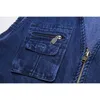 Denim Blue Outdoor Work Waistcoat Men Retro Stil Multi Pocket Jeans Ärmlös Jackor Mens Fiske Travel Poggraphy Västar 210522