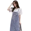 Jeans Dress Single Breasted Big Pockets Summer Midi Womens Denim Sundress Plus Size Ladies Loose Blue Suspender 5XL 210604