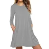 Automne femmes lâche à manches longues robe couleur unie col rond plissé balançoire tenue décontractée lâche t-shirt robes pull avec poches